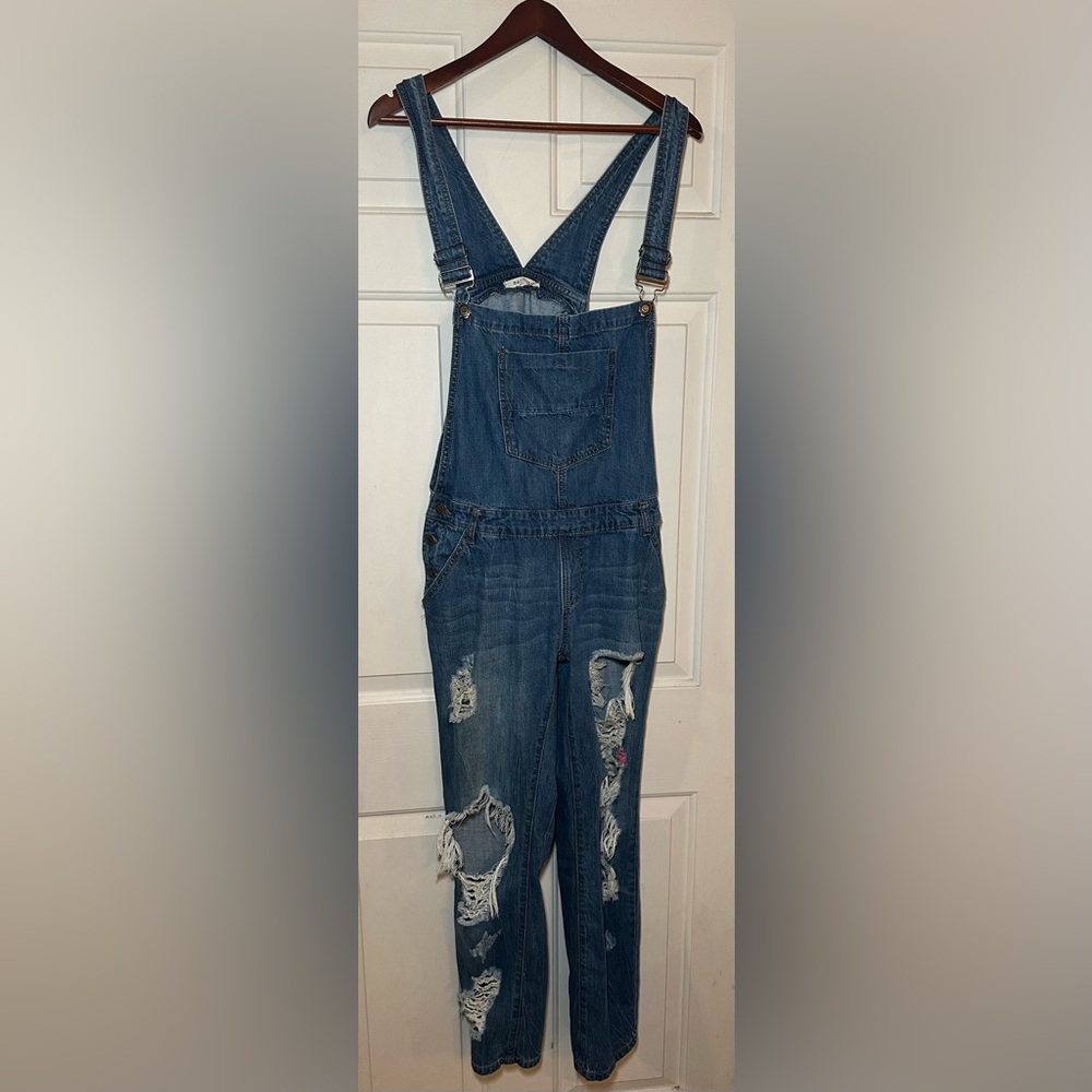 Machine Overalls Bibs Womens Size Lg Blue Denim Distressed Stretch Italy.